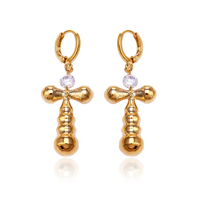 

20865 Hot sale beautiful ladies jewelry cross shaped zircon gold plated drop earrings