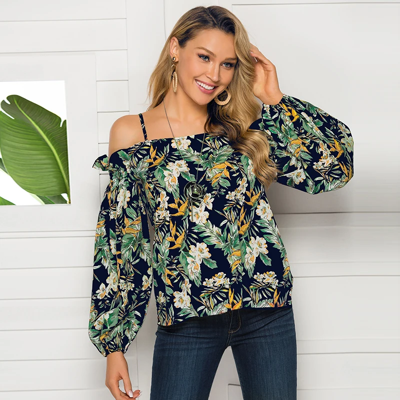 

Factory Wholesale Cheap 2019 Quality Casual Loose Fashion Lantern sleeve Women Summer Shirts Floral Sexy Off Shoulder Tops, White;black long sleeve off shoulder tops