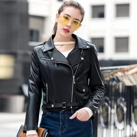 

Wholesale Autumn Short Motorcycle Ladies Sheepskin Jacket Black Color Woman Pu Leather Jacket