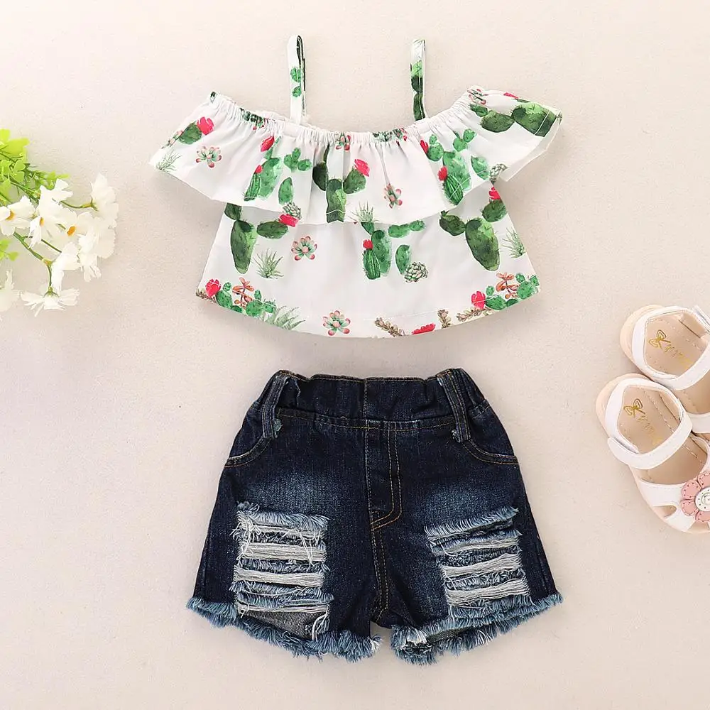

New Summer Toddler Girl Clothes Set Spaghetti Strap Cactus Top and Distressed Denim Shorts 2 pcs Sleeveless Outfit Set for 1-4T, White green blue