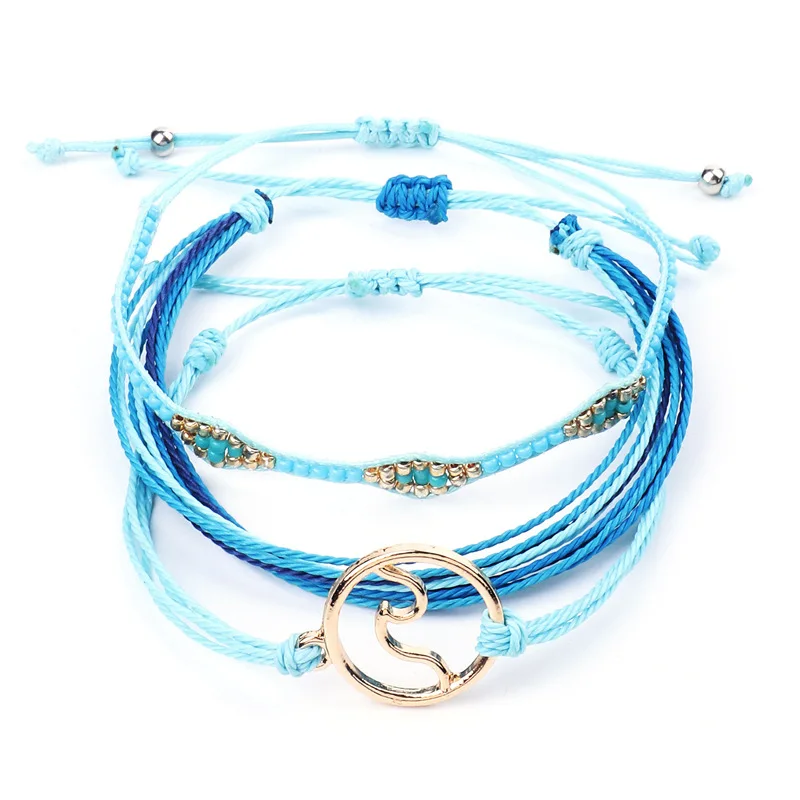

3pcs / set Women Pure Coast Life Boho Beach Surf Femme wave handmade charms bracelet wave rope wax string bracelet set, As picture
