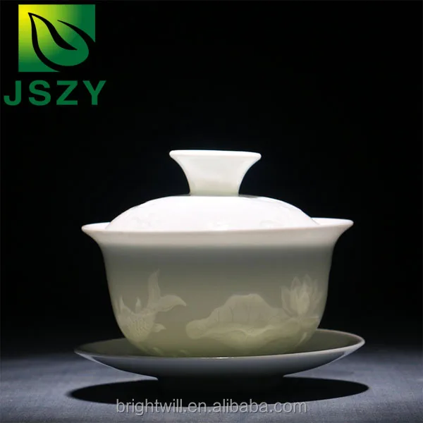 

Hign white ceramic shadow carving blue and white Gaiwan, green porcelain tea bowl