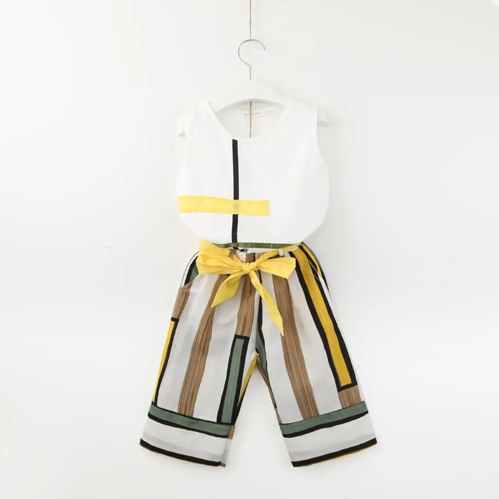 

2019 summer girl clothes sets sleeveless kids geometric vest top with striped loose pants 2pcs suits, As picture