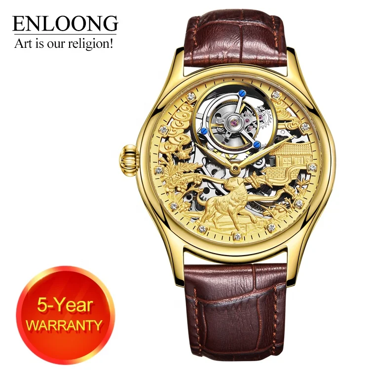 

ENLOONG Tourbillon Luxury Mens Watch Skeleton with Tourbillon Movement Sapphire Zodiac Dog Mechanical man wrist gold watch oem, N/a