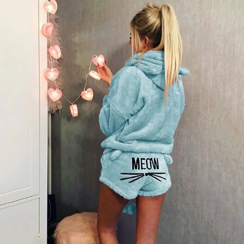 

Plus size  Women Velvet Suit Two Piece Autumn Winter Pajamas Warm Sleepwear Cat Pattern Hoodies Shorts Set, Shown