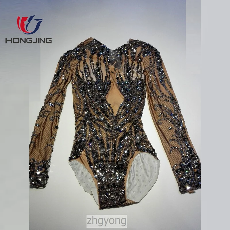 Performance Shining Rhinestones Women Bodysuit High Elasticity Leotard