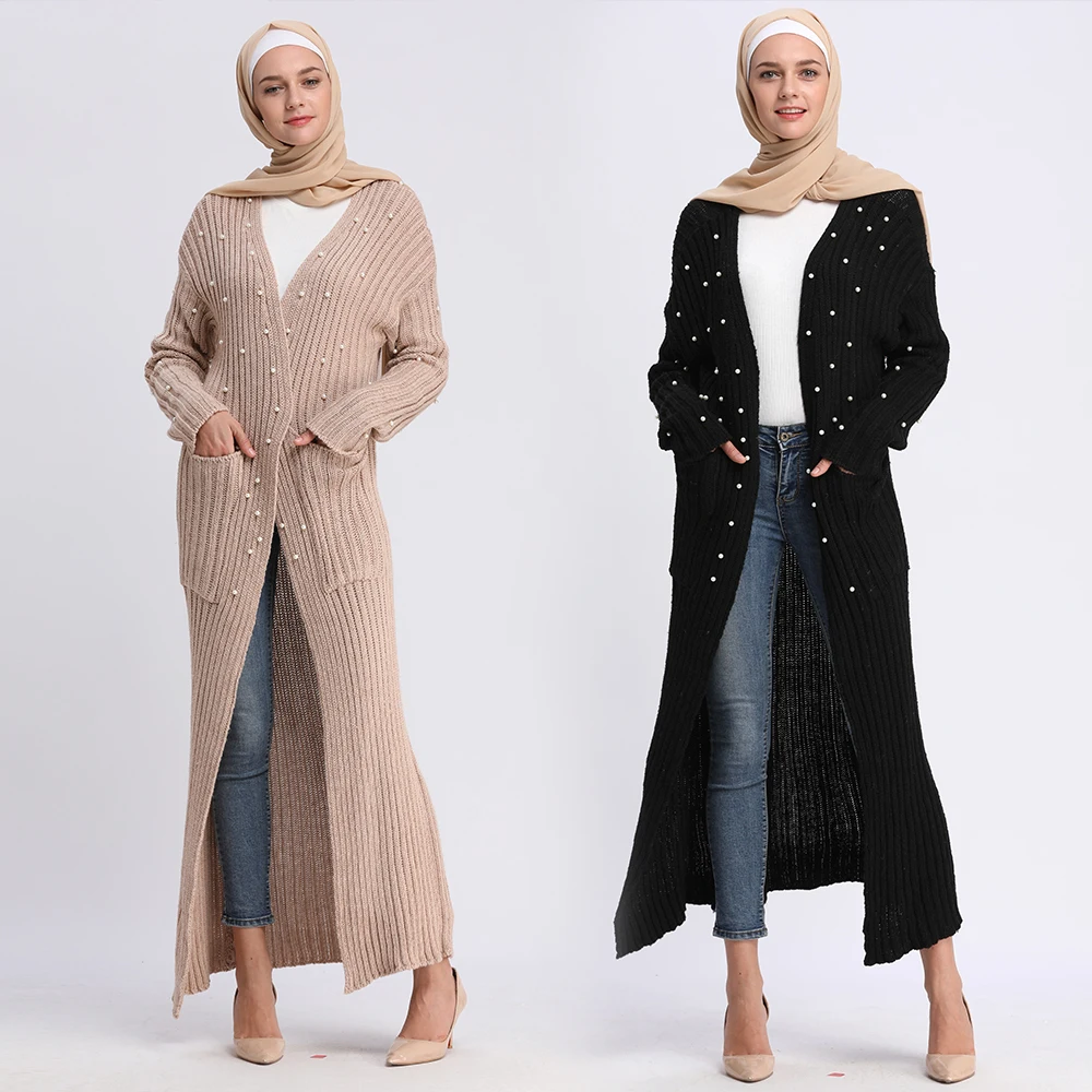 

Knit cotton women warm coat winter abaya, Black,beige