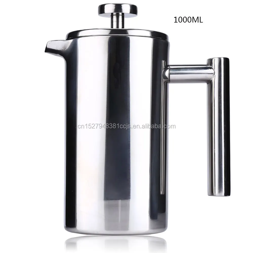 

1000ML Stainless Steel French Coffee Maker Pot Cafetiere Permanent Coffee Filter Baskets Espresso Tea Double Wall French Press, Silver