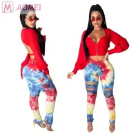 

S2084 colorful tie-dyed slim ripped summer latest new style woman fashion pants jeans