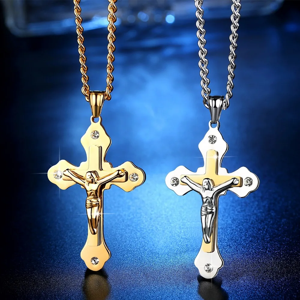 

Rhinestone CZ Multilayer Gold Cross Christ Jesus Pendant Necklace for Men Women Stainless Steel Chain Gift Jewelry 60cm, N/a