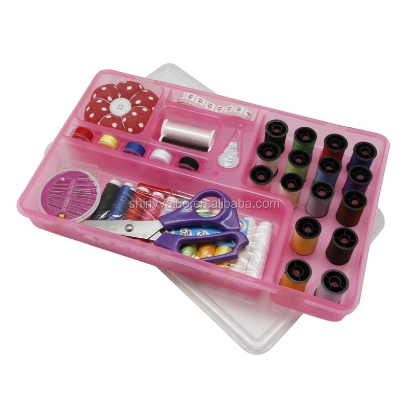 Big Pink Plastic Sewing Kit Box With 60pcs Complete Sewing Accessories