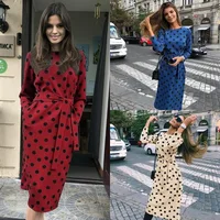 

2019 Spring New Arrive Lace-up Waist Long Sleeves Long Dress Women Fashion Dress Polk Plus Size Dress