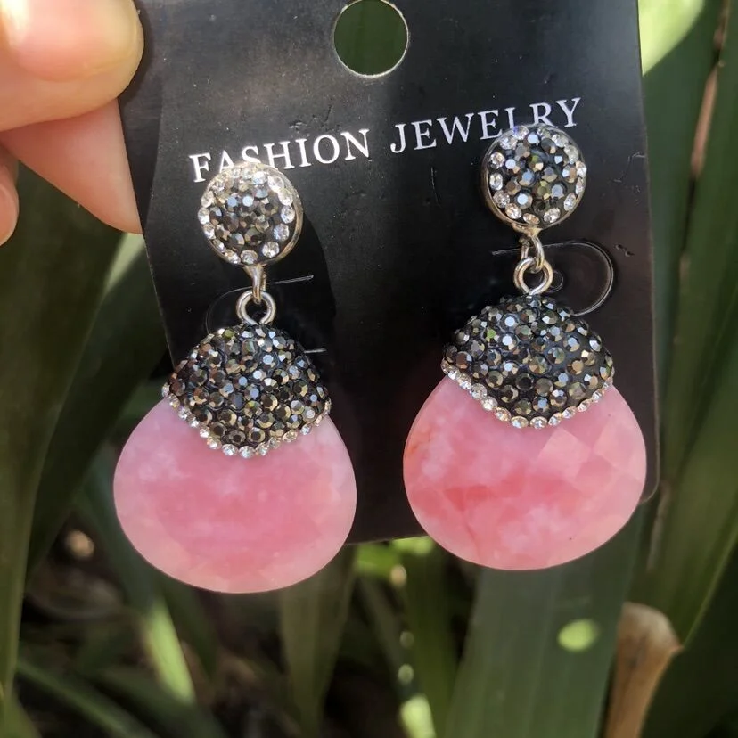 

CZ-E0256 fashion pink peach color natural onyx gemstone pave crystal earrings for woman daily wear, N/a