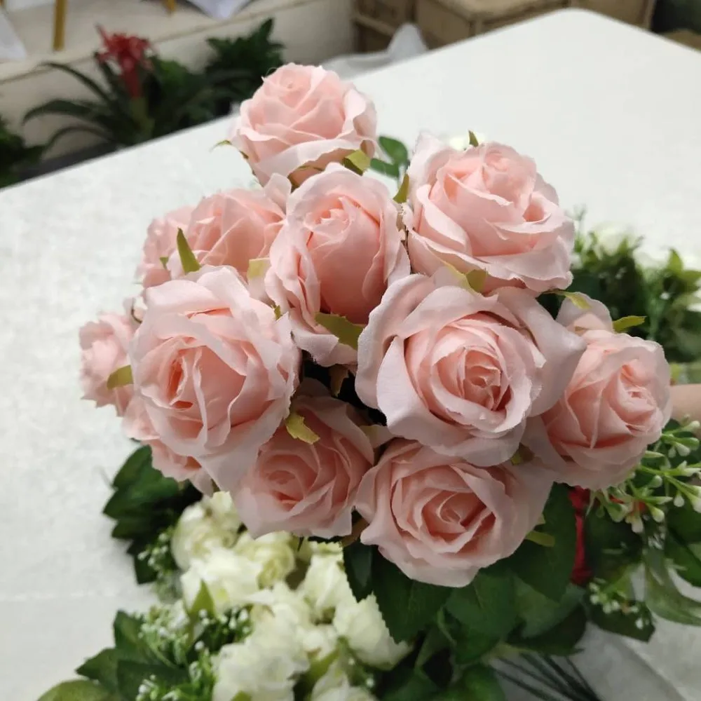 12heads/1 Bundle Champagne Silk Roses Bride Bouquet Decoration