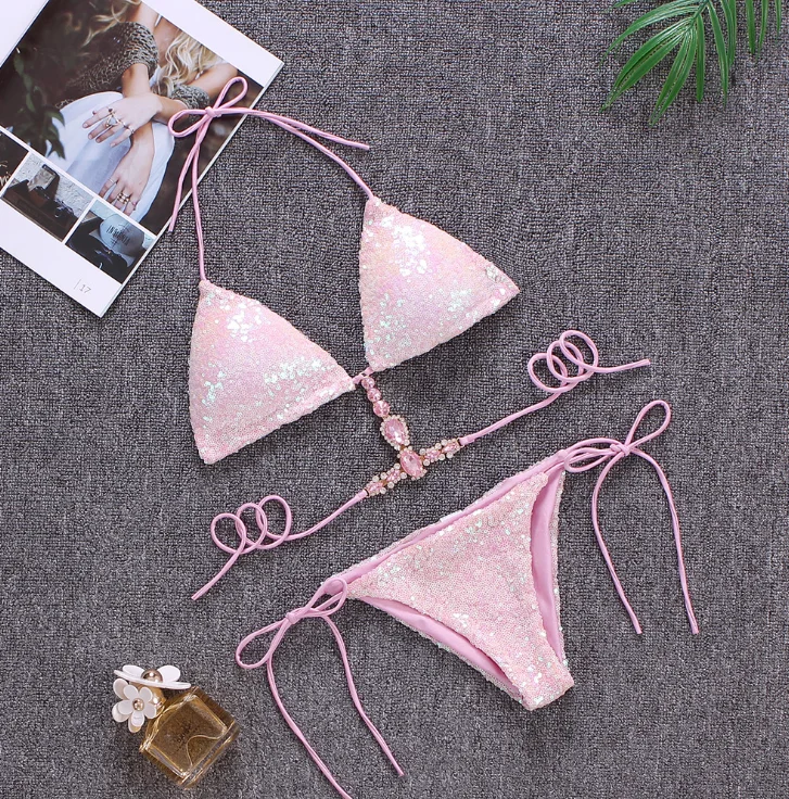 

Micro Sexy Girl Bikini Shiny Fabric Solid Color Pink Swimwear