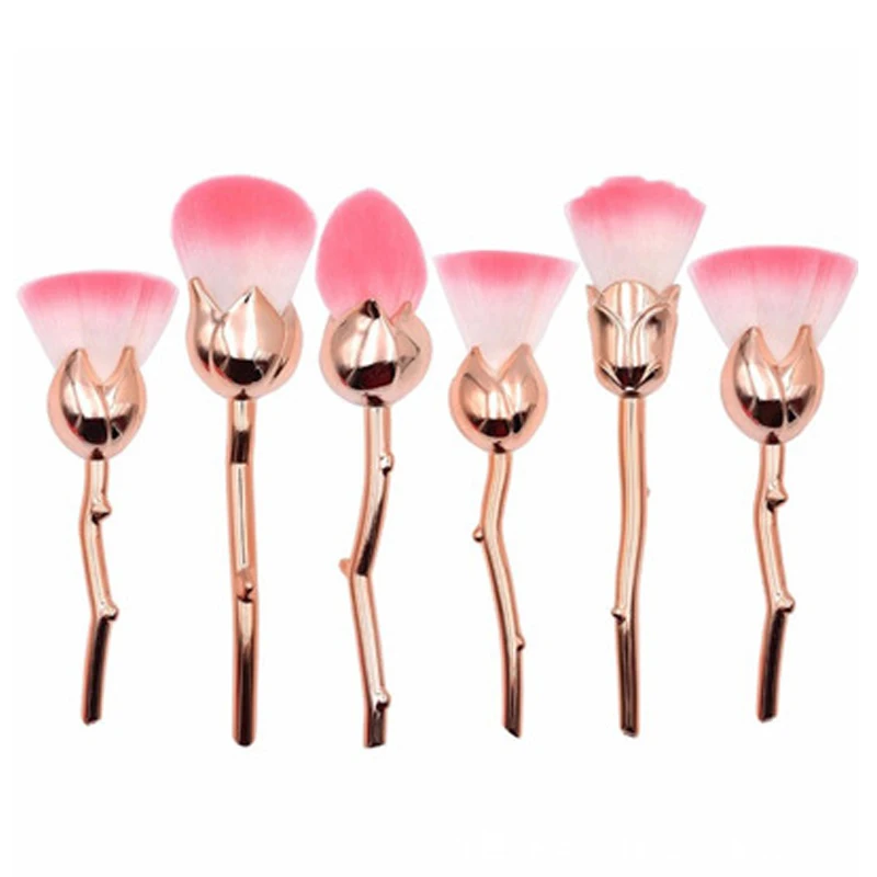 

rose shape 6 pcs makeup brush set pink synthetic hair gold metal handle foundation brush private label flower makeup brush