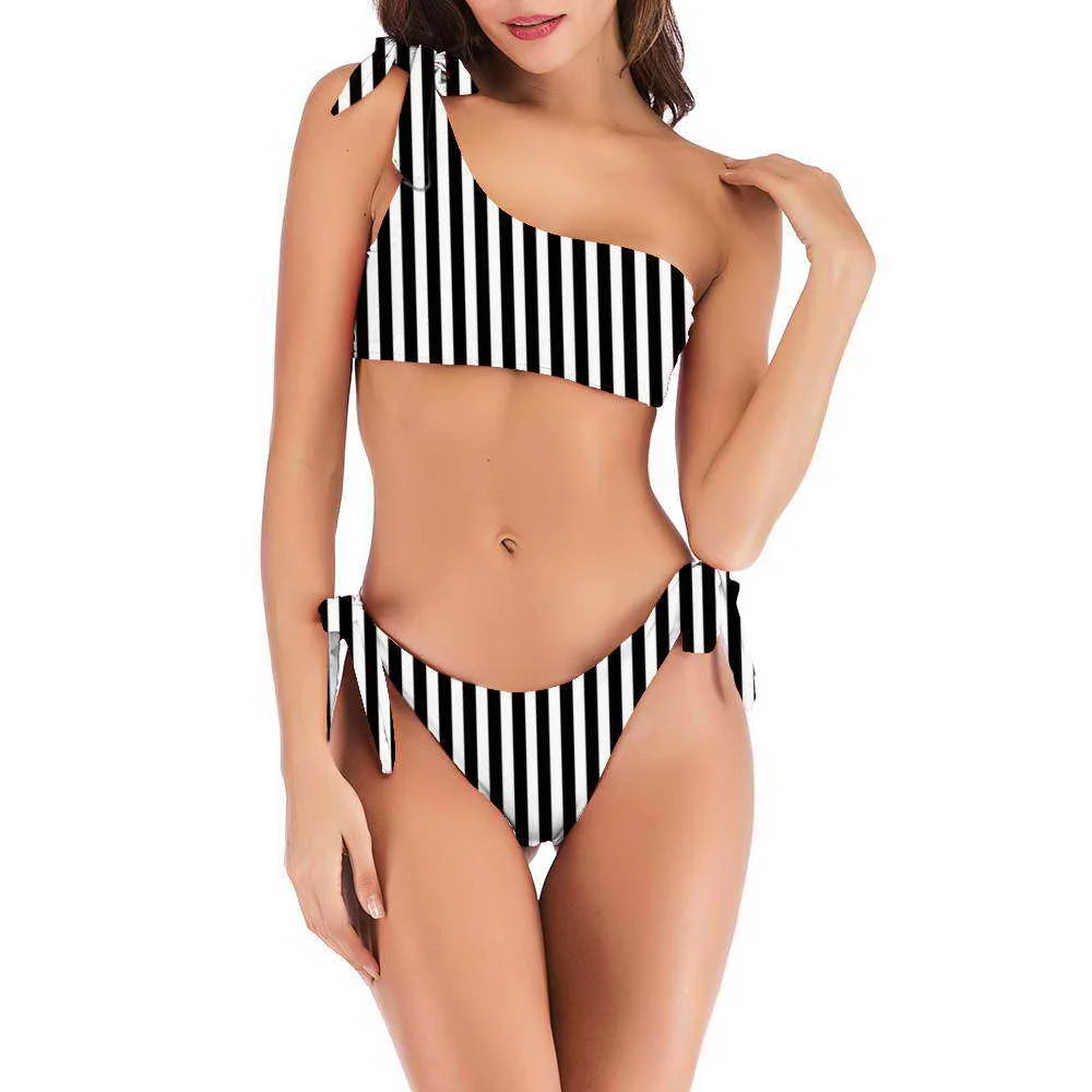 

Wholesale Sexy Striped One Shoulder Women Two Piece Brazilian Bikini, As picture