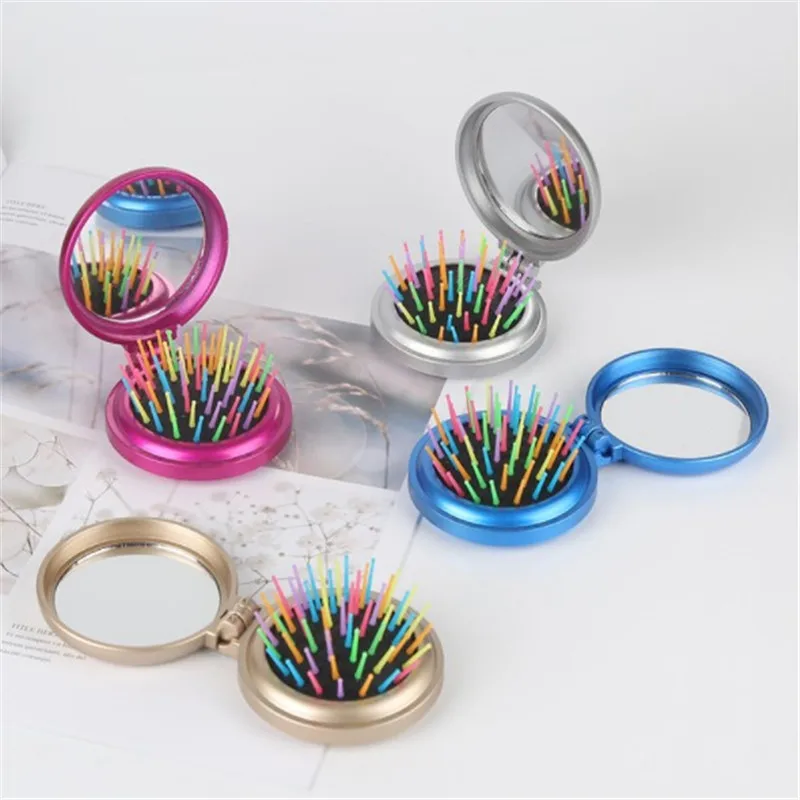 

Foldable One Side Mirror With Rainbow Plastic Bristle Hair Comb With Mirror