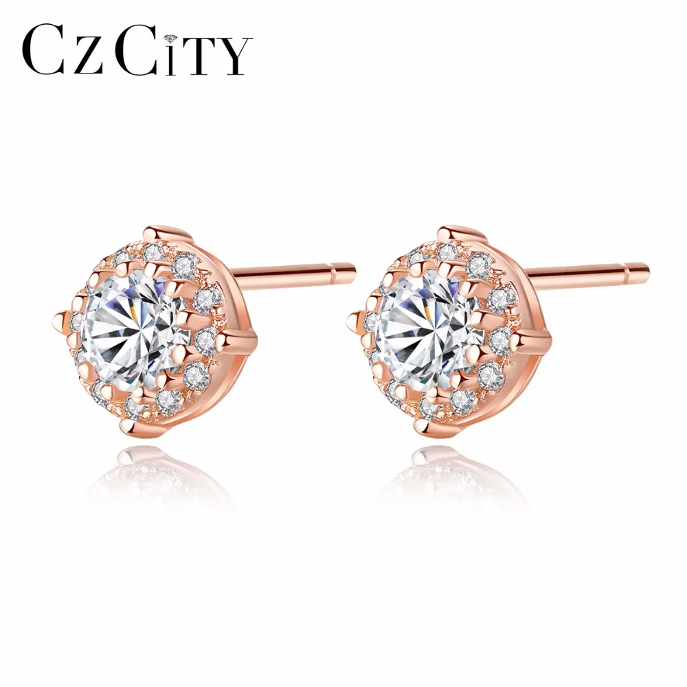 CZCITY Wholesale High-quality Shiny Circle Elegant CZ Crystal & Fine 925 Silver Stud Earring For Women Engagement Gift Party