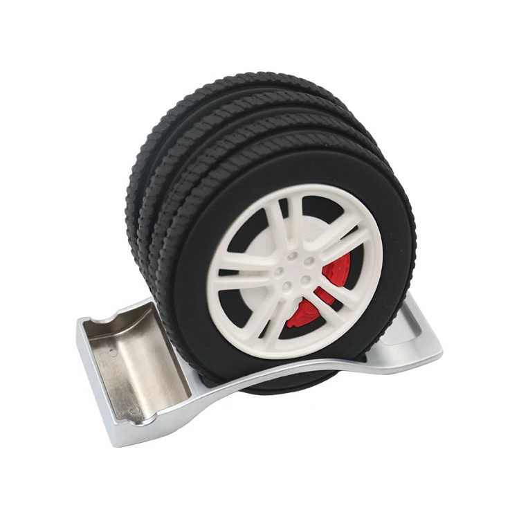 

Low cost Christmas new gift tire shape PVC coaster set with multifunction stand, Black tire, silver hub & holder