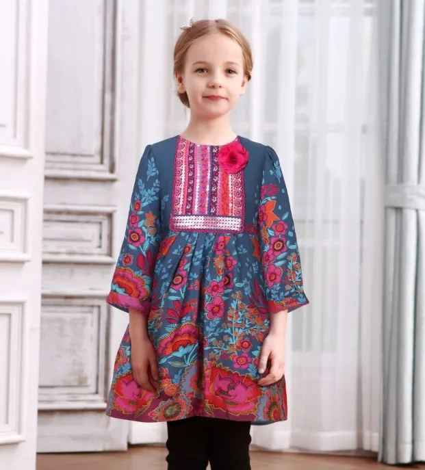 Middle East Hot Autumn Girl Boutique National Printing Sequins Baby Girl Frock font b Fancy b