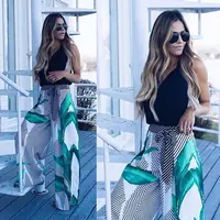 

New Fashion Bow Belt high waisted pants for women Leaves Stripes Print Loose Wide Leg Pants