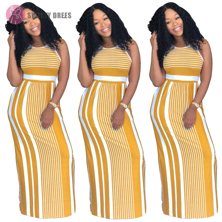 9042822 Sleeveless round neck lady stripe long cheap bandage dress