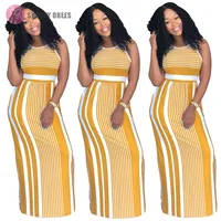 

9042822 Sleeveless round neck lady stripe long cheap bandage dress