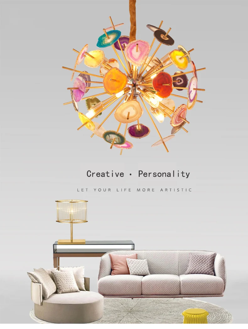 hot sale unique design Colorful Agate Stone round natural ball brass G9 LED Light chandelier