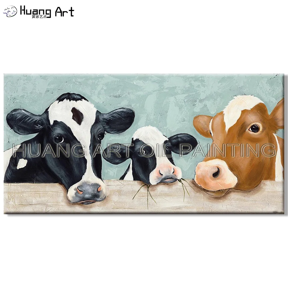 

Funny Designed 3 Cow Family Oil Painting on Canvas Artist Hand-painted Funny Animal Cows Oil Painting for Living Room, View the pictures