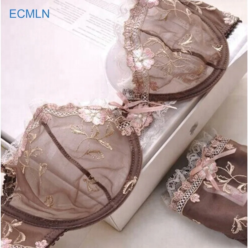 Mature Lady Teenagers New Design Transparent Flower Embroidery Lace Bra and Panty Set
