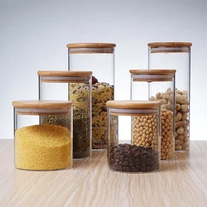 Image of Round Cylinder Heat Resistant Mason apothecary Jar Borosilicate Dry Food Storage Customized size capacity Logo with bamboo lid