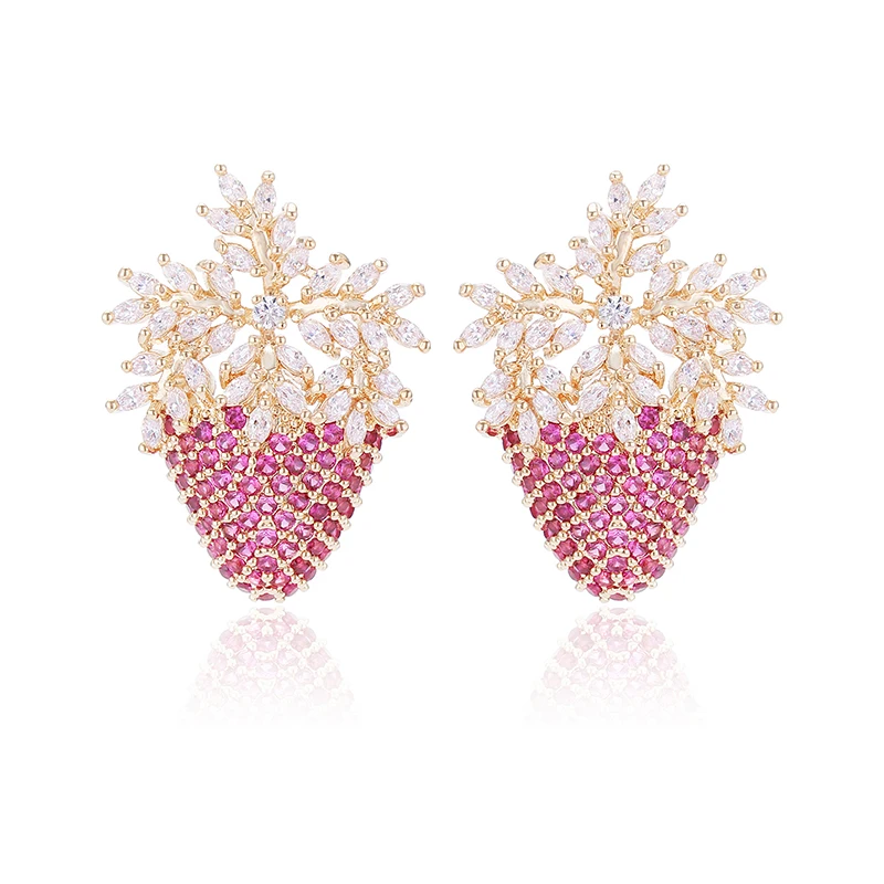 

Fashion Cute Gift CZ Strawberry Stud Earring For Women, Gold;pink