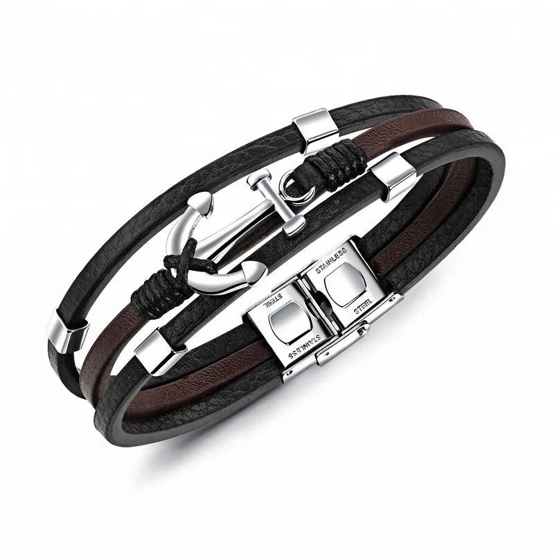 

100% Genuine Leather Jewelry Three Layer DIY Handmade Hand Strap Jewellery 316L Stainless Steel Anchor Bracelet, Black