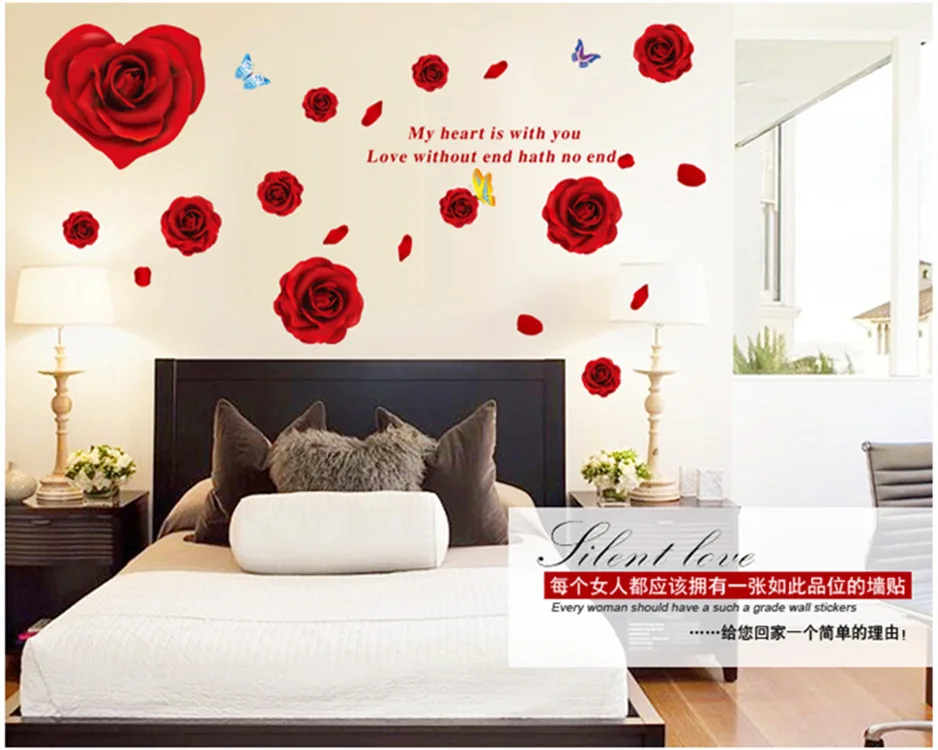 Romantic Roses Wall Stickers Home Decor Waterproof Removable Wall Decals Bedroom Living Room Warm Background Wallpaper