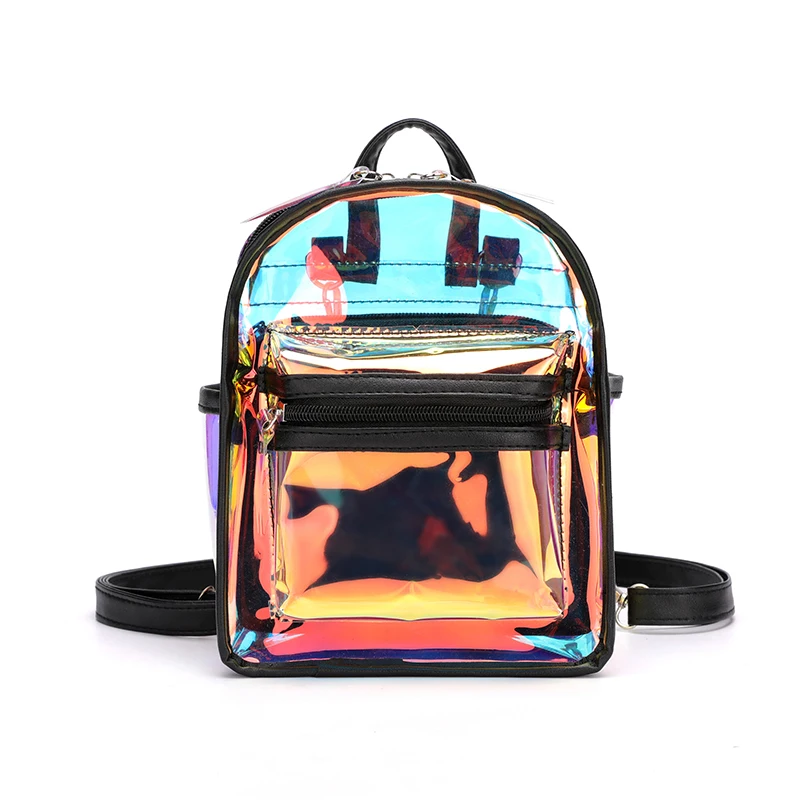 

Women Laser Transparent Holographic Backpack Shoulder Bag Satchel Candy Color Daypack Travel Backpack, Black