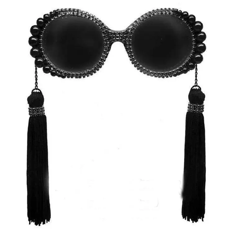 

Women round black rhinestone bordered sunglasses with fringe