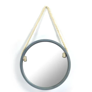 Image of 16 inch 40cm round dark grey wall mounted wood framed decorative mirror with hemp rope for bathroom or living room