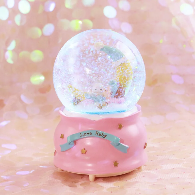 Creative cute crystal ball moon boy girl send children gift snow with light music box