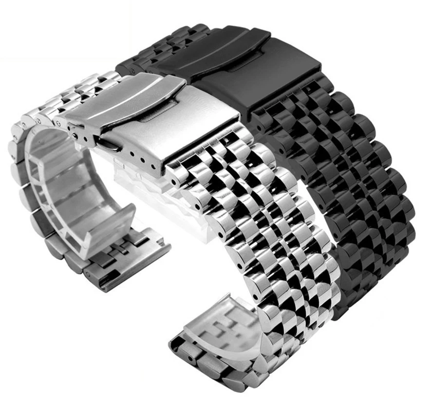 

solid metal stainless steel watch strap with double safety lock buckle and quick release, N/a