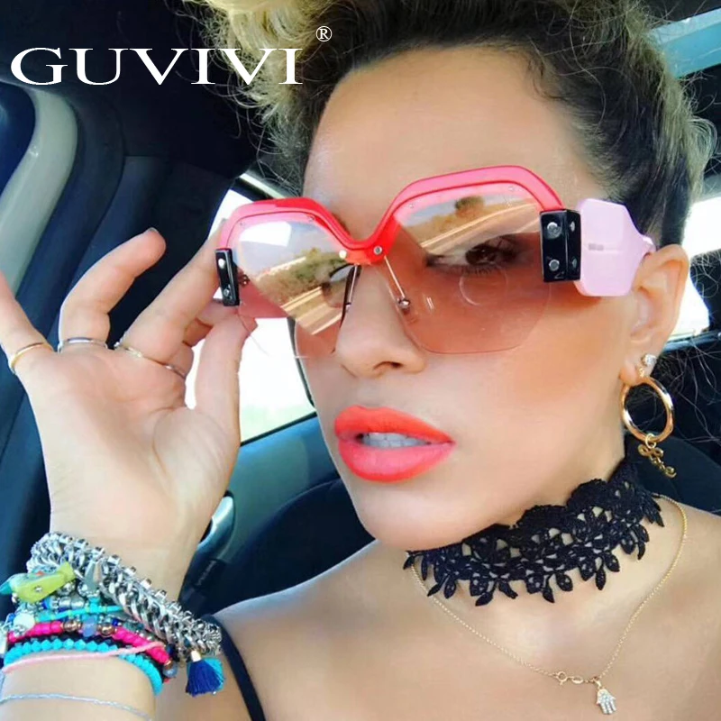 

GUVIVI Designer sunglass logos oversized polygon Sunglasses fashion semi-rimless colorful Sunglasses fashion, Black;brown;pink;green