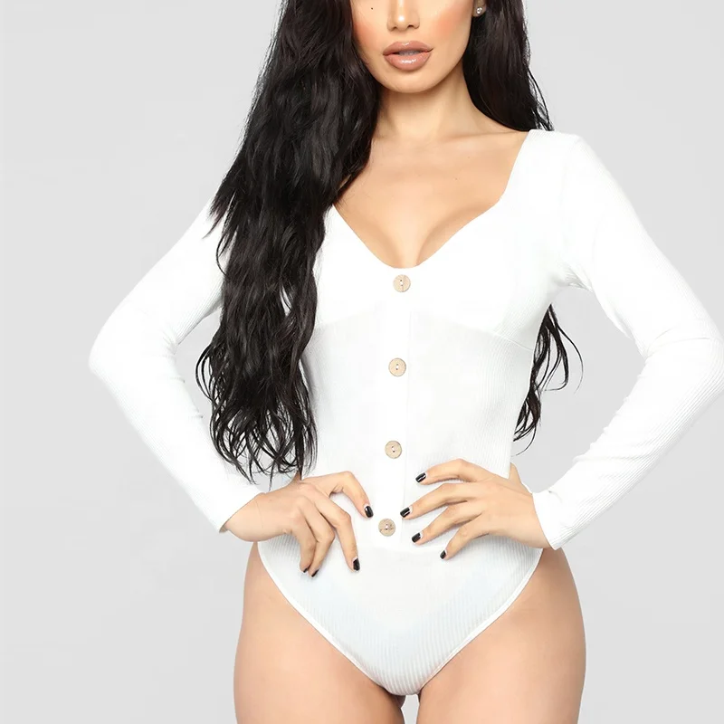 

New Fashion Women Fashion Bodysuit Ribbed Long sleeve Sexy White Button Front Bodysuit Slimming Women Tops bodysuit for women, Picture shown