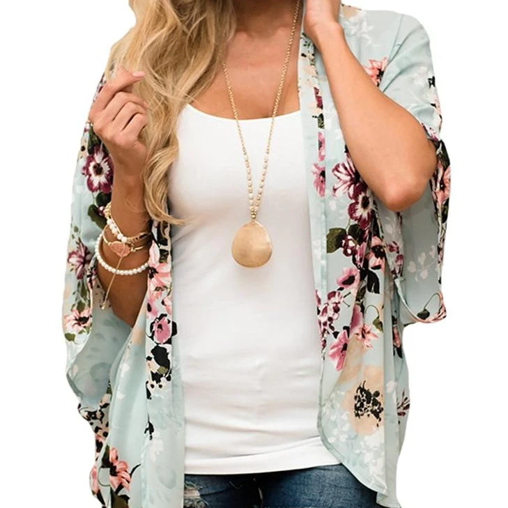 

2019 New Design 3/4 Sleeve Floral Beach Cover Ups Kimono Cardigans for Women, Green