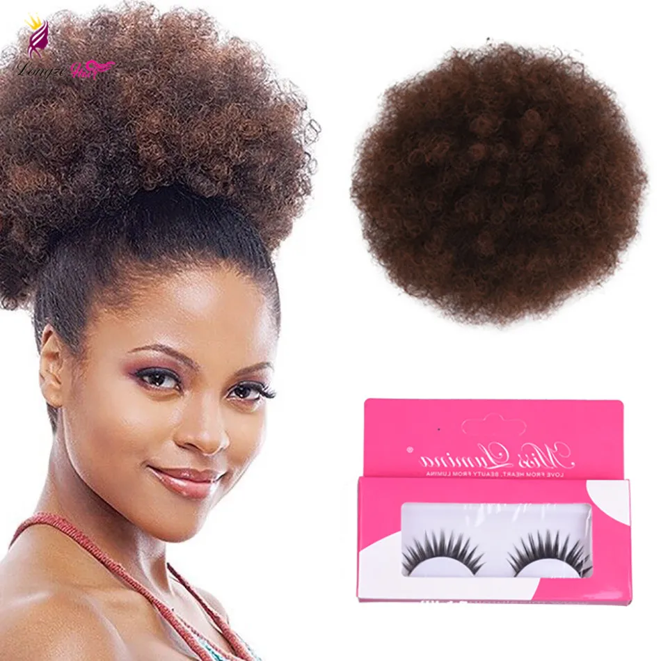 

8inch Short Afro Puff Synthetic Hair Bun Chignon Hairpiece For Women Drawstring Ponytail Kinky Curly Updo Clip Hair Extensions, #4 1b #30 #27/30 99j #613 #27 1b/bug