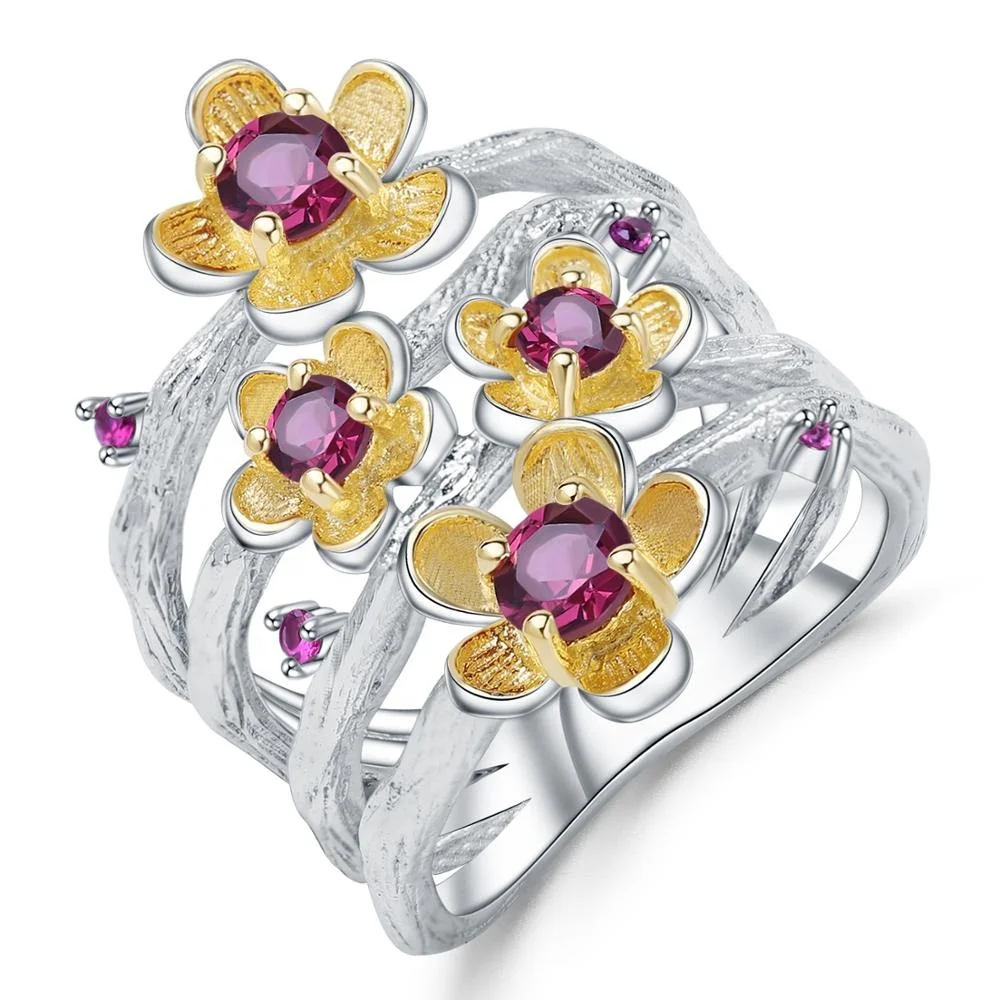 Abiding Natural Rhodolite Garnet Perfect Handmade Finger Ring 925 Silver Flower Design Ring