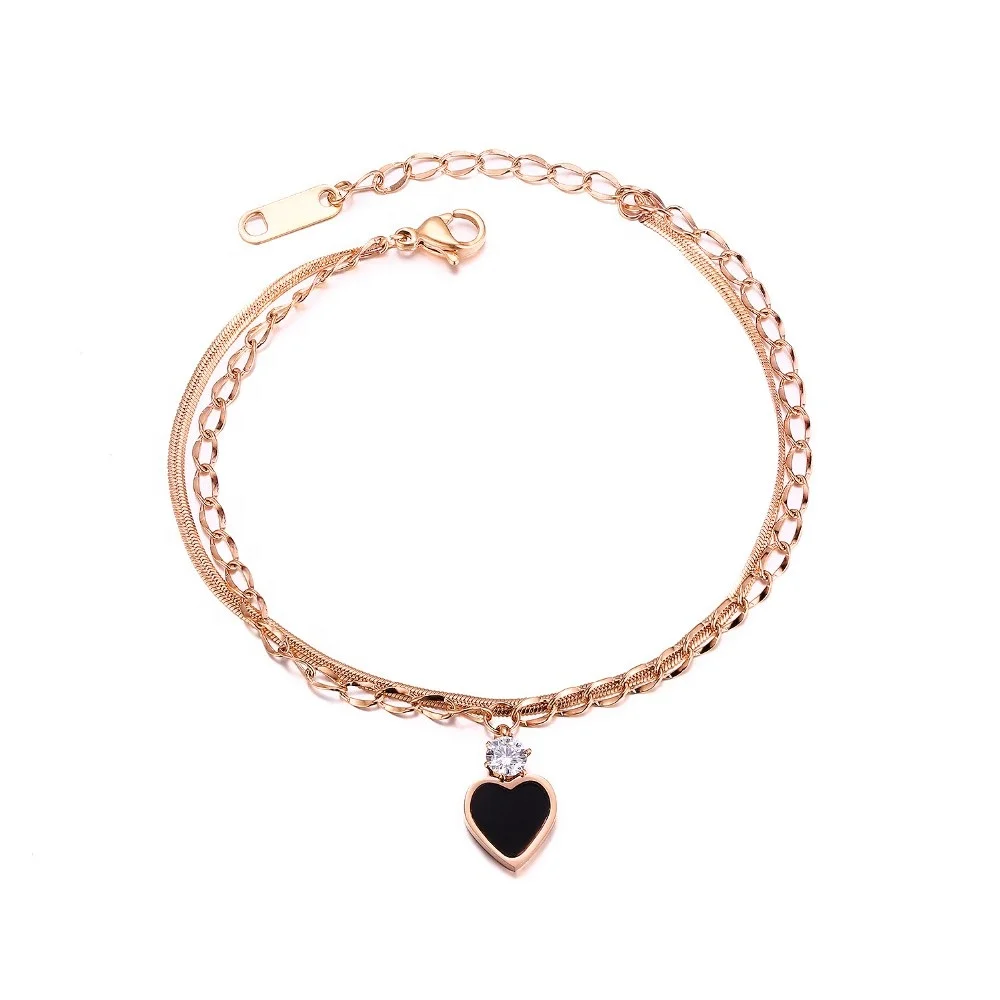 

2019 Hot Sale Stainless Steel Bracelet Rose Gold Plated Double Line Link Chain Statement Titanium Heart Charm Bracelet Women