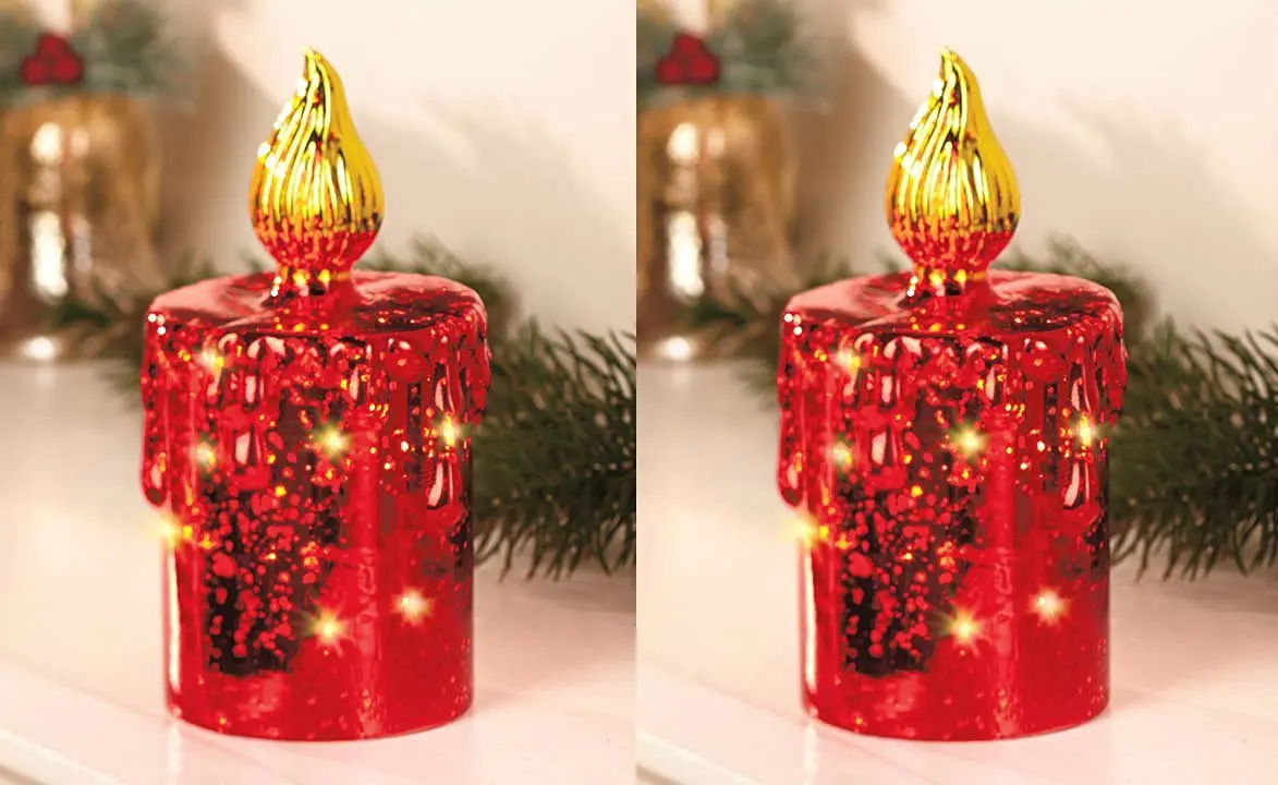 Set of Two 7-1/2"h" Red Mercury Glass Lighted Battery Operated Table Top Decor Christmas Holiday Candle Decoration