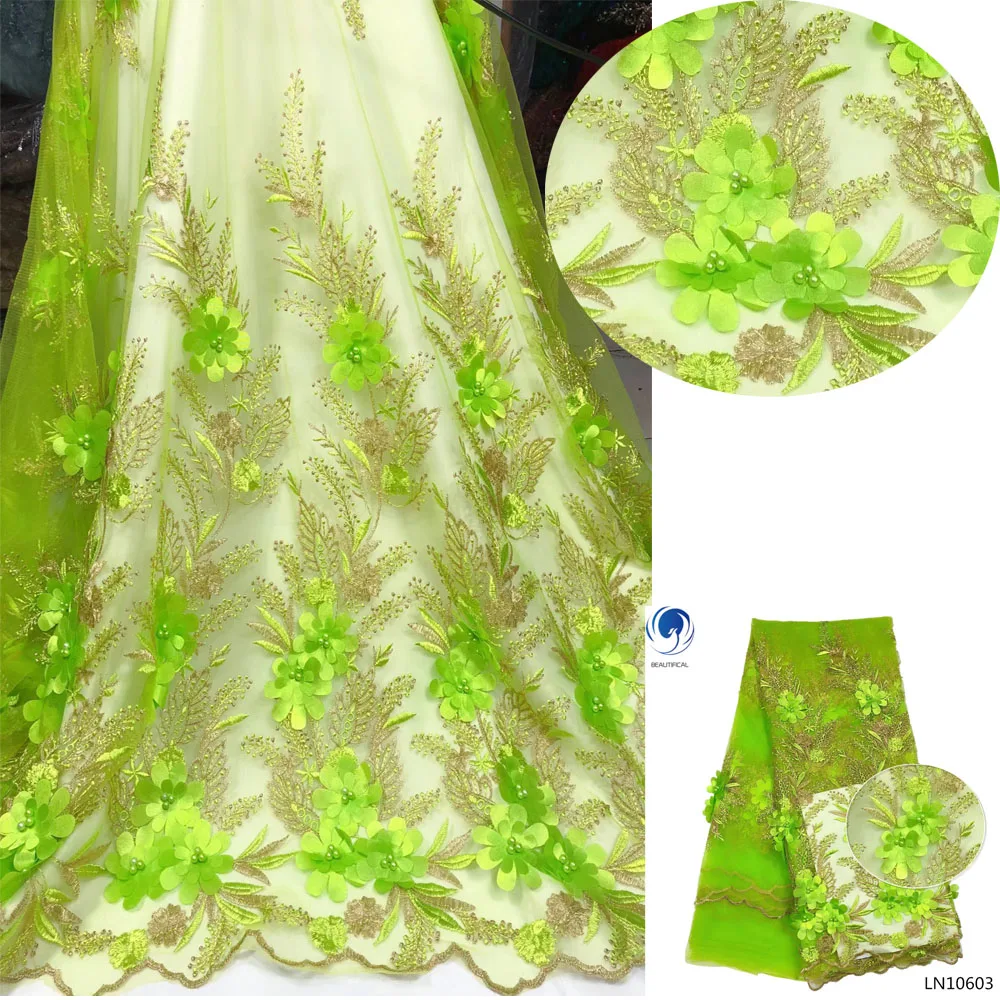 

Beautifical Bridal lemon green flower lace embroidery french tulle 3D fabric with rhinestones LN106, Customized