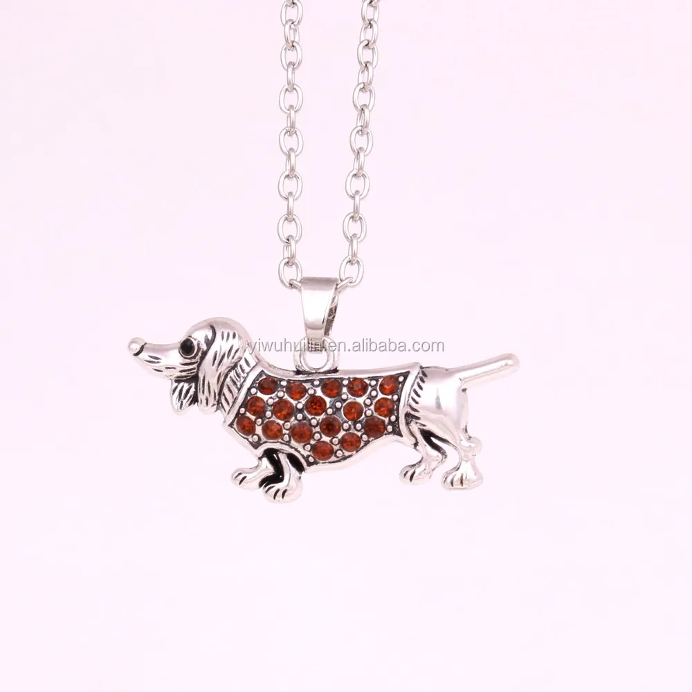 

Fashion Zinc Alloy Antique Silver Plated Four Color Crystal Dachshund Weiner Dog Pendant Necklace
