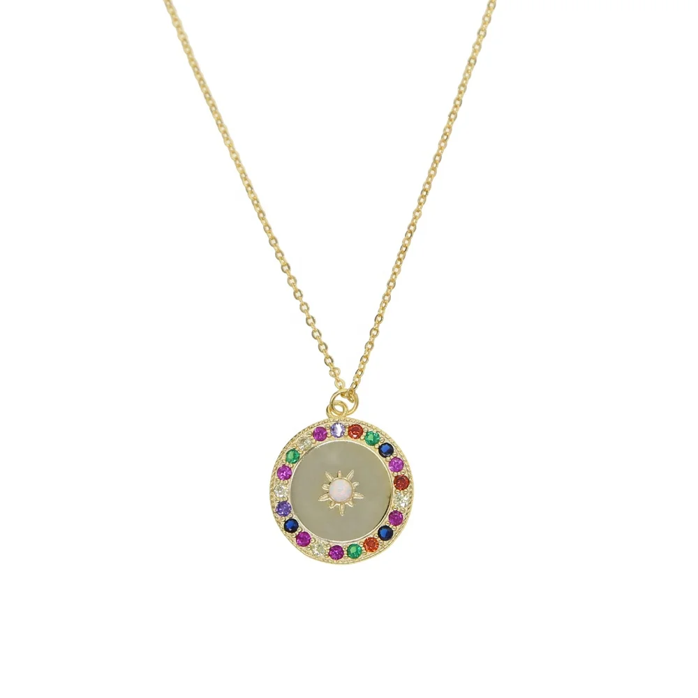 

Round disk charm paved rainbow cz white fire opal coin signet necklace, Customized